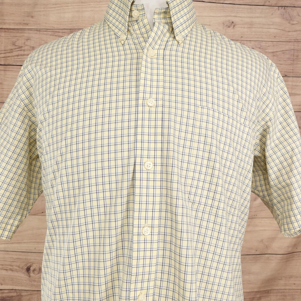 Kirkland Signature Shirt Mens XL Yellow Check Short Sleeve Button-Up Non Iron